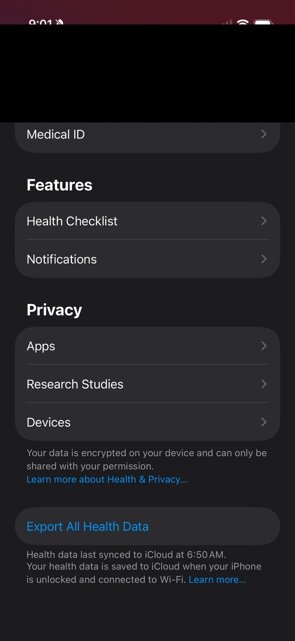 Export All Health Data button