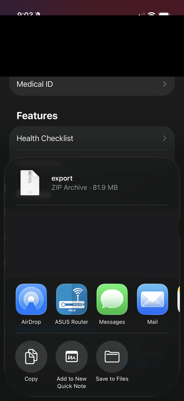 iOS share sheet with export.zip